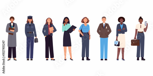 Diverse group of professionals standing in a row holding briefcases