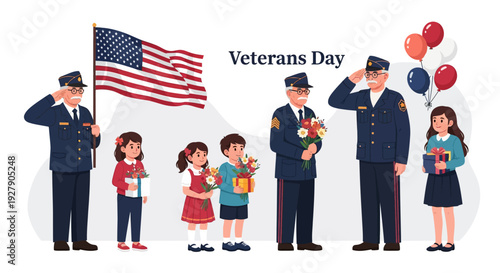 Veterans Day Illustration Honoring Military Heroes with Saluting Soldiers, Children, and US Flag