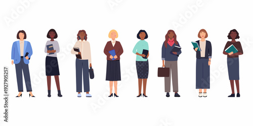 Diverse group of professional women standing in a row illustrated style