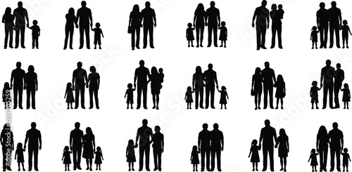 Family, silhouette, collection, of, parents, and, children, standing, together, in, various, poses, father, mother, baby, kids, set, vector, flavector, illustration