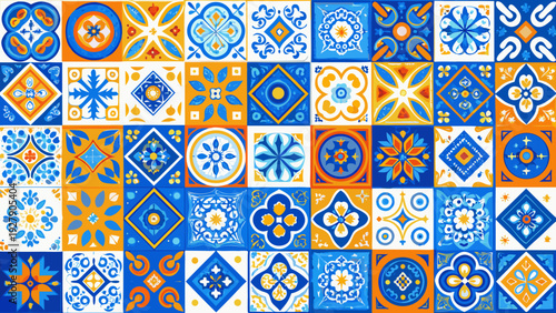 A vibrant mosaic of colorful ceramic tiles in repeating patterns