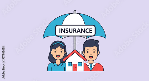 Home Insurance and Family Protection Under Umbrella - Flat Cartoon Illustration of Couple, House, and Coverage for Property Safety