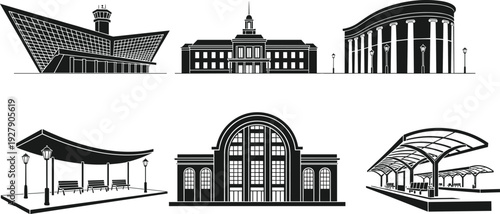 Railway station architecture set, modern and classic train terminal buildings platform vector illustration collection
