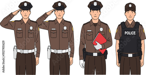 State Police or Sheriff Officer Character Set Featuring Saluting Poses Tactical Vest and Document Folder for Law Enforcement Training Manuals and Professional Security Presentations