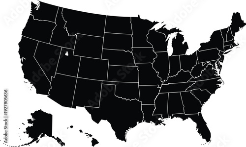United States Black Map Silhouette with Detailed State Boundaries Including Alaska and Hawaii Isolated on White Background for Political and Geographic Design Projects