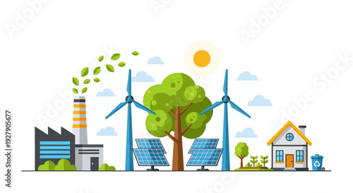 Eco friendly energy icon set. Includes solar panel, wind turbine, tree, factory, house, recycling. Created in colorful flat style with green blue palette