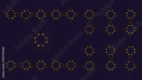 Abstract golden circular patterns against a dark deep purple background