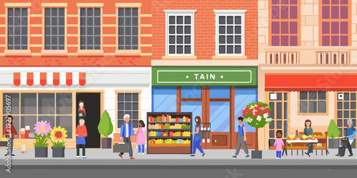 A colorful pixelated illustration of a bustling street with shops and people