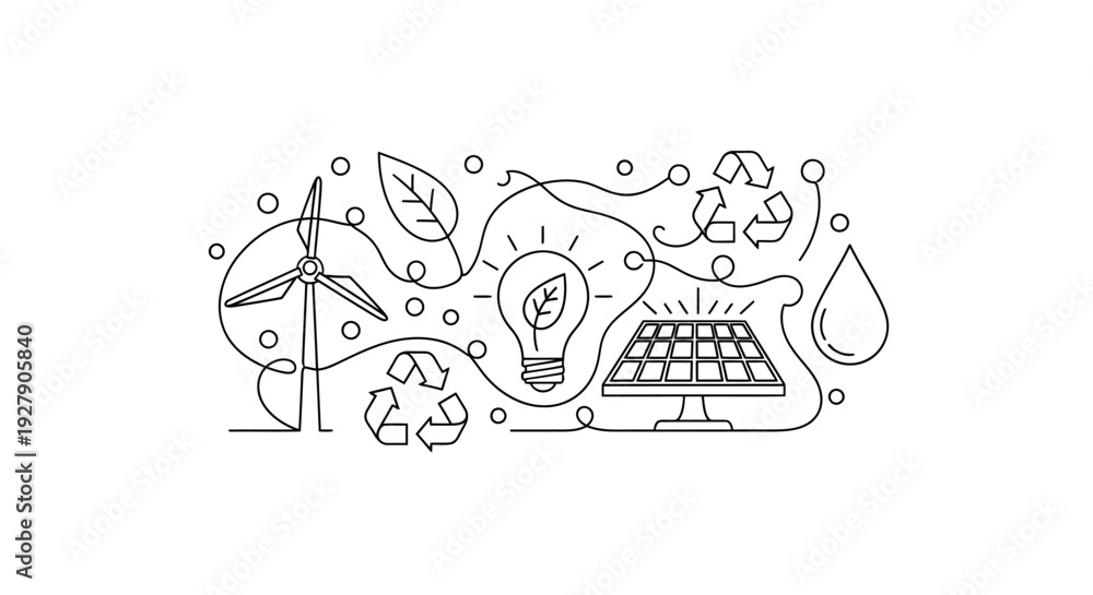 Obraz premium Eco friendly energy icon set. Includes wind turbine, light bulb, solar panel, recycling, leaf, water drop. Created in line style with black and white palette
