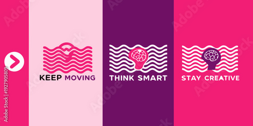 Colorful abstract background with motivational phrases and wave icons