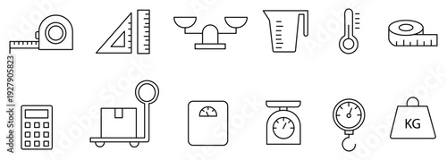 Measurement Scale Tool Icons – Weight Size Dimension Measurement Equipment Vector Set