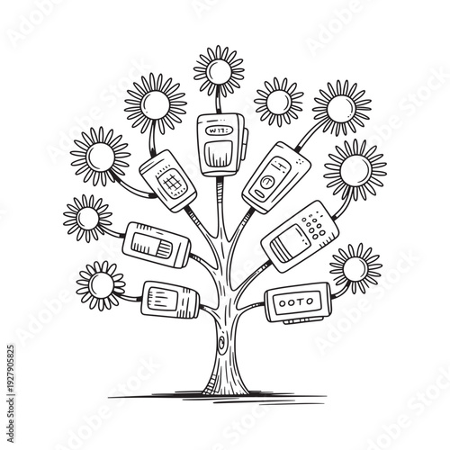 An elegant black and white illustration depicting a tree with roses and ornate chandeliers hanging from its branches