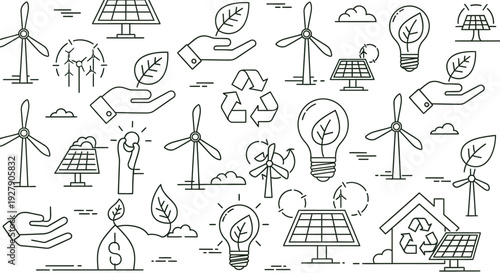 Eco friendly icons set, includes solar panel, wind turbine, recycling symbol, light bulb, leaf, eco house, cloud. Created in line style with black and white palette