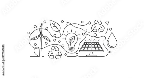 Eco friendly energy icon set. Includes wind turbine, light bulb, solar panel, recycling, leaf, water drop. Created in line style with black and white palette