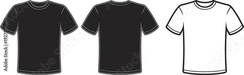 Vector icon set of crew neck t-shirt templates featuring solid black silhouettes and linear outlines with gray accents for fashion design branding and mockups