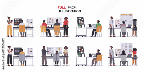 Diverse team collaborating in a modern office environment illustrated layout