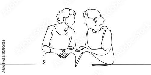 Continuous one line drawing. Two sitting old women talking. Vector illustration