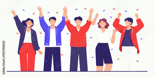 A group of people celebrate with raised arms and falling confetti