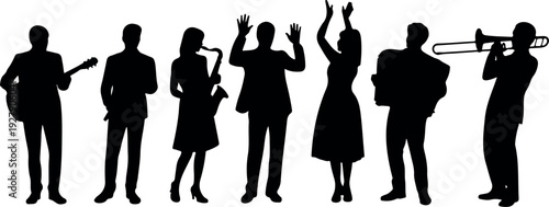 Silhouettes of jazz band musicians, playing instruments, men and women performers, music concert illustration, live performance art, vintage retro style