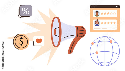 Marketing campaigns, advertising, online reviews, customer engagement, branding, global communication. Megaphone with dollar sign, heart star ratings and a network globe. Marketing campaigns