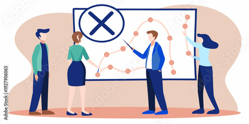 Team discussing project setbacks illustrated by a chart with a red x