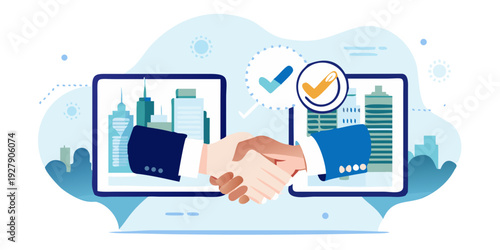 Digital handshake symbolizing a successful business agreement or partnership