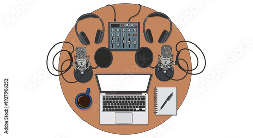 Podcast recording studio setup with microphones and equipment.