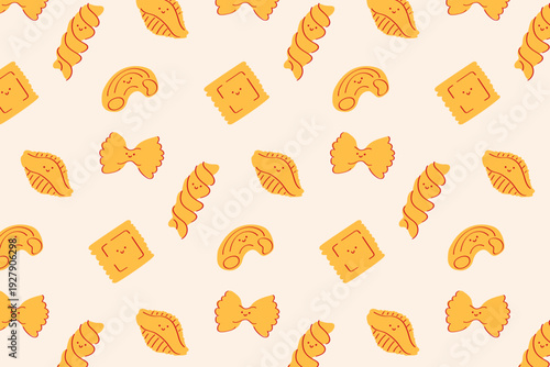Assorted Italian Pasta Shapes Repeating Vector Pattern in Warm Yellow