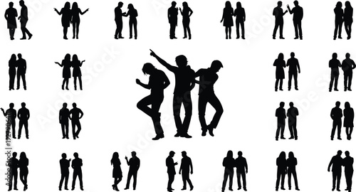 People silhouettes, business professional group, standing sitting poses, diverse crowd, corporate team, men women collection, flavector, architectural scale figures, vector, lifestyle.