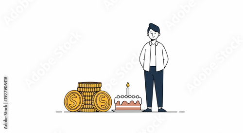 A cartoon man standing next to a stack of coins and a birthday cake with a lit candle on a plain white background with a minimalist and celebratory mood.