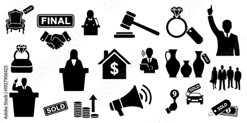 Set of auction and bidding icons, featuring auctioneer silhouettes, gavels, luxury goods with sold tags, real estate, and business deal symbols isolated