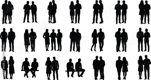 People silhouettes, business professionals set, walking standing sitting poses, corporate group, couple silhouettes, men women collection, flavector, architectural scale figures, vector.
