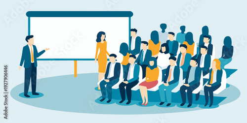 A business presenter leads a meeting with a seated audience