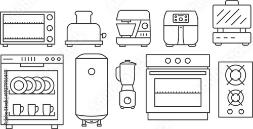 Collection of 10 modern thin line icons featuring kitchen appliances, cooking equipment, dishwasher, and water heating systems for home utility design.
