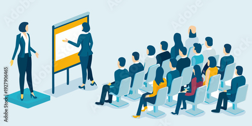 A businesswoman presents to an audience in a modern conference setting