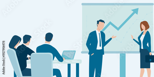 Business professionals collaborating in a meeting with a growth chart presentation