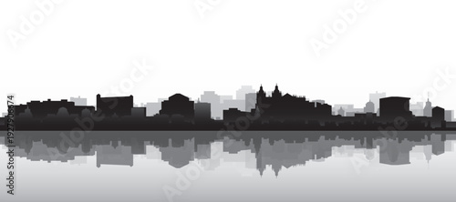 Black and white panoramic poster of the city skyline with misty background buildings and water reflection of LISBON, PORTUGAL