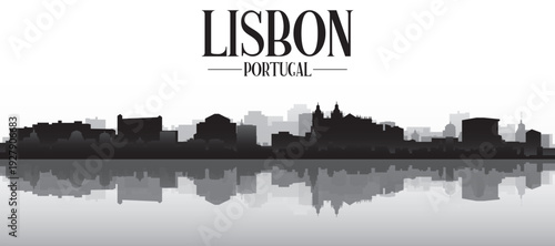 Black and white panoramic poster of the city skyline with misty background buildings and water reflection of LISBON, PORTUGAL