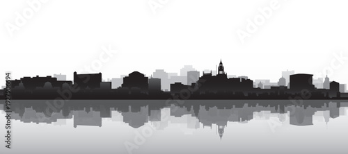 Black and white panoramic poster of the city skyline with misty background buildings and water reflection of PORTO, PORTUGAL