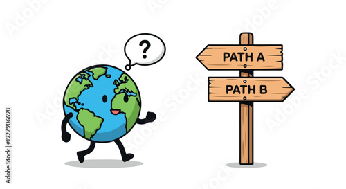 Cartoon globe with a questioning expression stands beside a wooden signpost with two directional arrows labeled Path A and Path B on a plain white background.