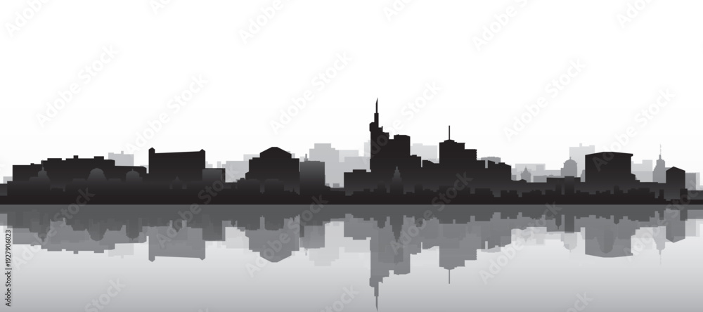 Fototapeta premium Black and white panoramic poster of the city skyline with misty background buildings and water reflection of FRANKFURT, GERMANY