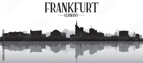 Black and white panoramic poster of the city skyline with misty background buildings and water reflection of FRANKFURT, GERMANY