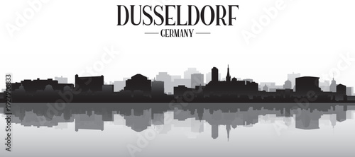 Black and white panoramic poster of the city skyline with misty background buildings and water reflection of DUSSELDORF, GERMANY