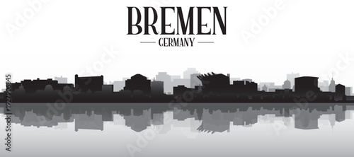 Black and white panoramic poster of the city skyline with misty background buildings and water reflection of BREMEN, GERMANY