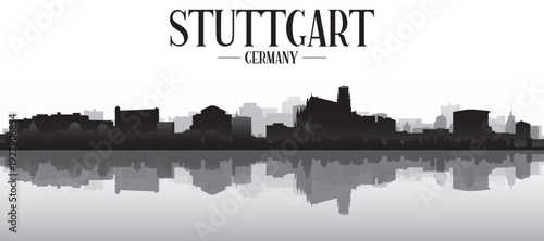 Black and white panoramic poster of the city skyline with misty background buildings and water reflection of STUTTGART, GERMANY