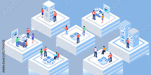 Isometric illustration of a modern office environment with people working