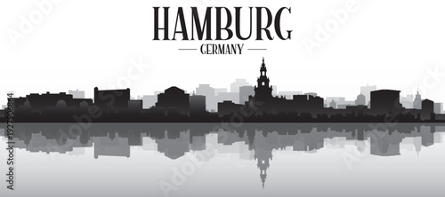 Black and white panoramic poster of the city skyline with misty background buildings and water reflection of HAMBURG, GERMANY