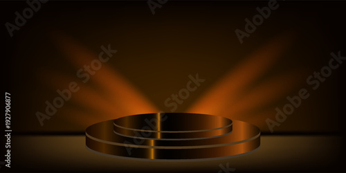 Award round podium on dark background. Vector golden symbol of victory, achievement, success, rewarding of winner. Vector illustration