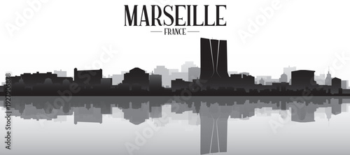 Black and white panoramic poster of the city skyline with misty background buildings and water reflection of MARSEILLE, FRANCE