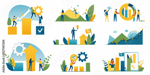 Illustrative icons depicting business growth success and teamwork concepts